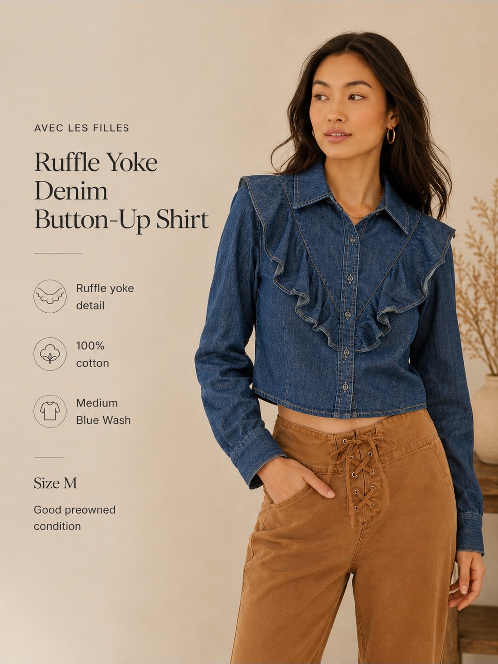Avec Les Filles Ruffle Yoke Denim Button-Up Shirt Medium Blue Size M